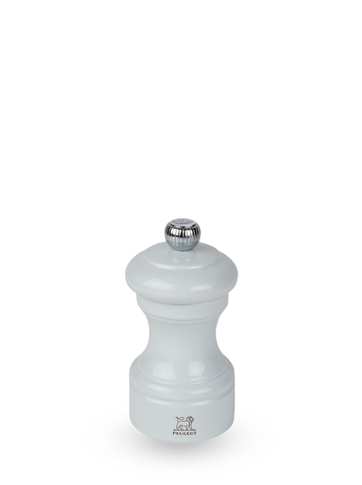Peugeot | Bistro Salt Mill, Pearl Grey, featuring a classic glossy white finish with a chrome adjustment knob, ideal for a stylish kitchen setup.