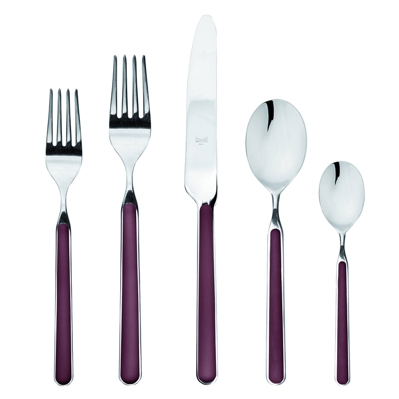 Mepra SPA - Place Set 5 Pcs Fantasia: Light Blue, featuring elegant Italian stainless steel silverware with durable, welded handles and double-serrated knives.