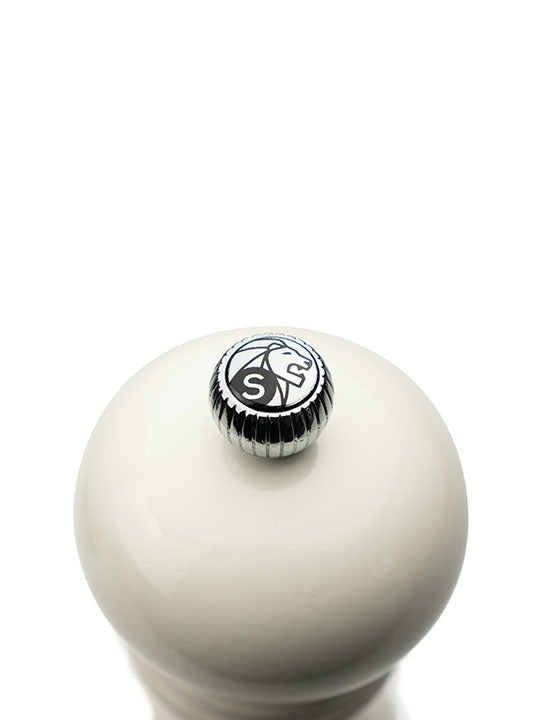 Peugeot Paris u'Select Ivory Lacquered Salt Mill, featuring a chrome adjustment knob and innovative zirconia mechanism for precise salt grinding.
