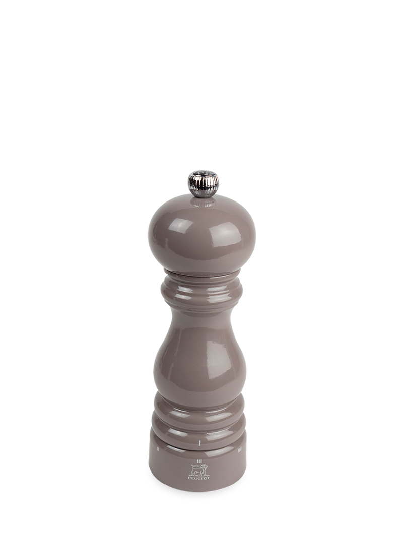 Peugeot | Paris U'Select Pepper Mill, Taupe: A classic 18 cm wooden pepper grinder with a gloss finish and adjustable grind knob, ideal for precise seasoning.