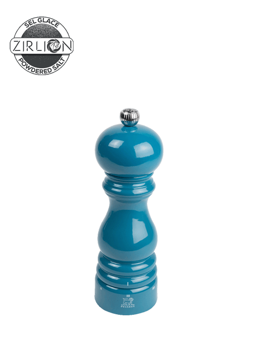 Peugeot Paris u'Select Pacific Blue Lacquered Salt Mill, 7 inches, featuring a Zirlion mechanism for precise seasoning with six settings and a glossy finish.