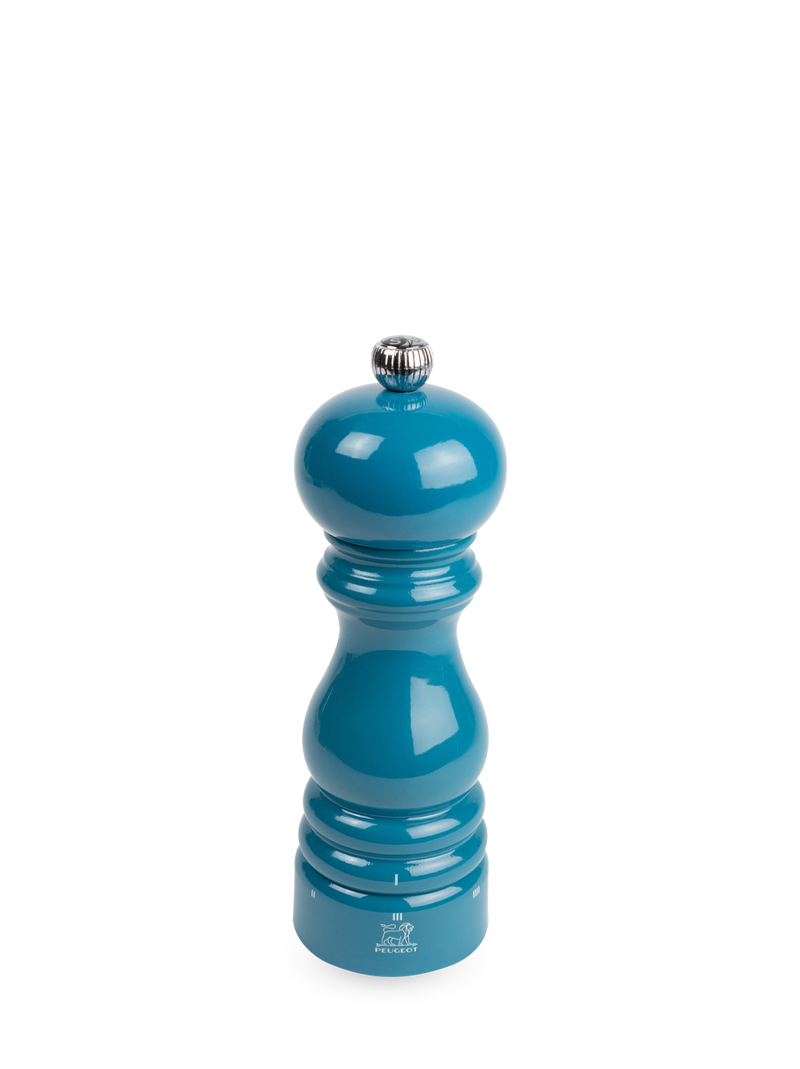 Peugeot Paris u'Select Pacific Blue Lacquered Salt Mill, 7 inches, featuring a glossy finish, hand-crank, and adjustable settings for precise seasoning. Perfect for enhancing any kitchen.