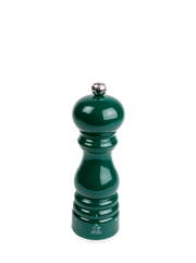 Peugeot | Paris U'Select Forest Green Pepper Mill, 7 inches, features a classic bulbous shape with a metal adjustment knob and lion logo at the base.