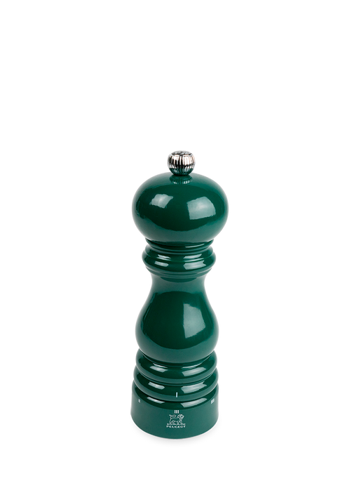 Peugeot | Paris U'Select Forest Green Pepper Mill, 7 inches, features a classic bulbous shape with a metal adjustment knob and lion logo at the base.