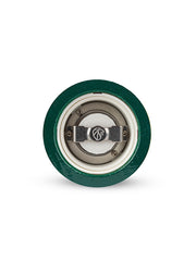 Peugeot | Paris U'Select Forest Green Salt Mill, 7 inches, showcasing its ceramic burr and metal adjustment bracket for precise, customizable grinding.