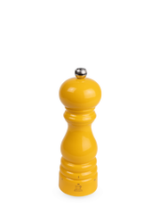 Peugeot | Paris U'Select Saffron Pepper Mill, 7 inches: A vibrant yellow, hourglass-shaped spice grinder with a metal knob, offering precision grind settings.