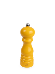 Peugeot | Paris U'Select Saffron Salt Mill, 7 inches, glossy yellow finish, iconic silhouette, metal knob for adjustable grind, Peugeot lion logo at base.