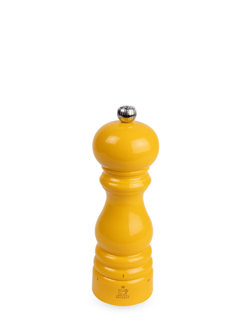 Peugeot | Paris U'Select Saffron Salt Mill, 7 inches, glossy yellow finish, iconic silhouette, metal knob for adjustable grind, Peugeot lion logo at base.
