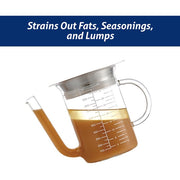 Roasting Glass Fat Separator With Gravy Strainer, featuring a measuring cup design ideal for precise pouring of brown liquids, perfect for culinary enthusiasts.