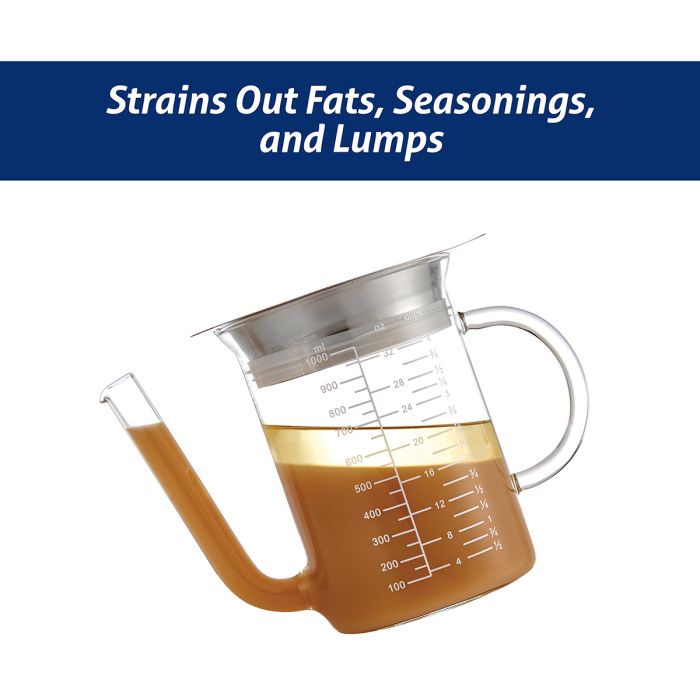 Roasting Glass Fat Separator With Gravy Strainer, featuring a measuring cup design ideal for precise pouring of brown liquids, perfect for culinary enthusiasts.