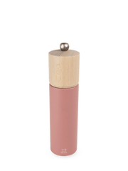 Peugeot | Boreal Salt + Pepper Mills - Sage Green Salt Mill with matte pink body, natural wood cap, and adjustable metal knob for precise grinding.