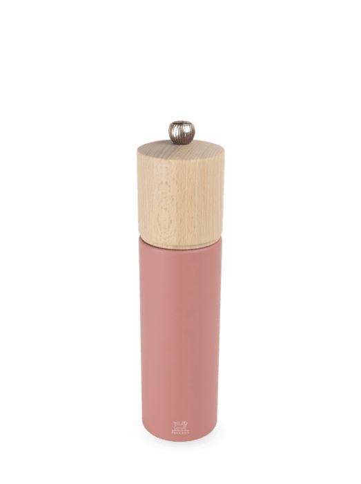 Peugeot | Boreal Salt + Pepper Mills - Sage Green Salt Mill with matte pink body, natural wood cap, and adjustable metal knob for precise grinding.