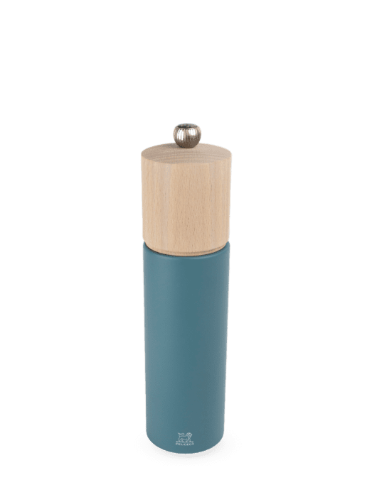 Peugeot | Boreal Salt + Pepper Mills - Sage Green Salt Mill with a wooden top, metal adjustment knob, and colored body for precise salt grinding.