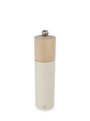 Peugeot | Boreal Salt Mill, Feather White: A sleek, light wood top and cream metal body salt grinder with adjustable grind settings. Ideal for modern kitchens.