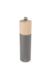Peugeot Boreal Sage Green Salt Mill with gray cylindrical body, light wood cap, and adjustable metal knob for precise grinding.