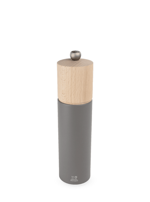 Peugeot Boreal Sage Green Salt Mill with gray cylindrical body, light wood cap, and adjustable metal knob for precise grinding.