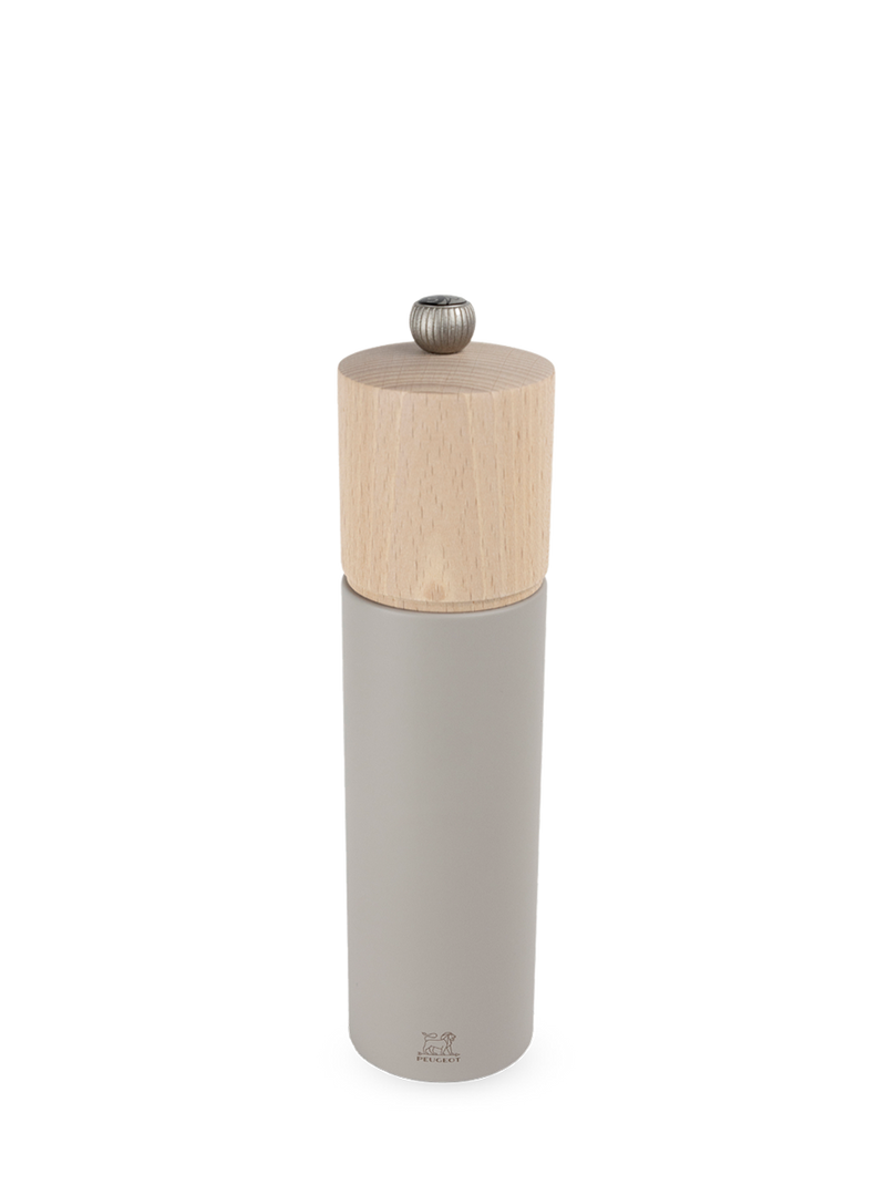 Peugeot | Boreal Salt Mills, Pebble Gray: A sleek, cylindrical spice mill with a natural wood top, designed for grinding dry rock salt crystals efficiently.