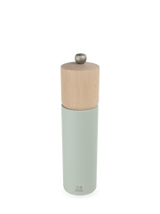 Peugeot Boreal Salt Mill in Sage Green with wood cap and adjustable knob, showcasing a blend of modern design and precision grinding for an elegant dining experience.