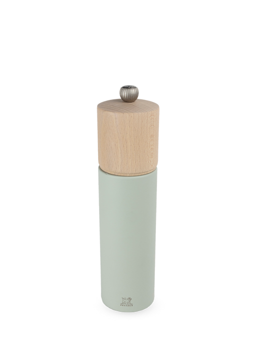 Peugeot | Boreal Salt Mills, Sage Green: A tall, cylindrical mill with a muted-green base and light-wood top, featuring adjustable grind and Peugeot logo.