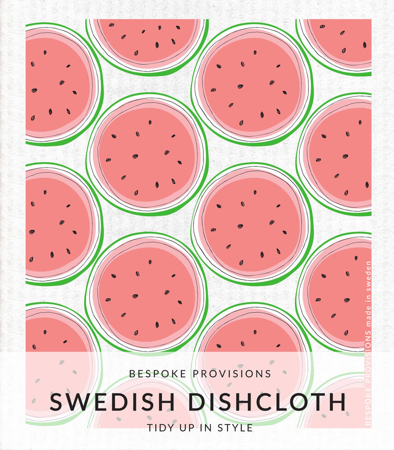 Bespoke Provisions - Watermelon Swedish Dishcloth featuring vibrant watermelon illustrations, made from biodegradable materials for effective cleaning.