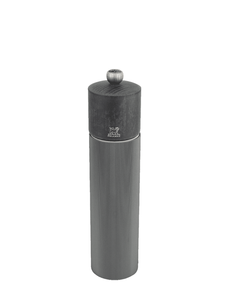 Peugeot | Line Pepper Mill - Carbon - 9 featuring a black cylindrical body with a silver logo, ideal for enhancing your kitchen tool collection.