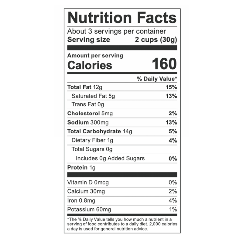 Poppy Hand-Crafted Popcorn - Dill Pickle Popcorn nutrition label close-up, highlighting nutritional information and ingredients for this tangy, white cheddar, vinegar, and dill-flavored popcorn.