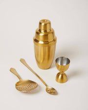 Farmhouse Pottery - Essex Barware - Brushed Gold: Cocktail Jigger set, featuring a shaker, jigger, strainer, and spoon, ideal for a stylish home bar setup.