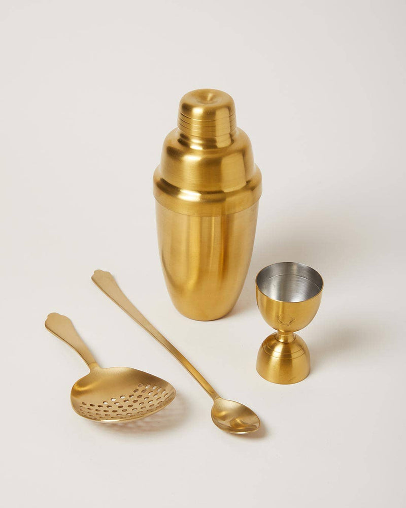 Farmhouse Pottery - Essex Barware - Brushed Gold: Cocktail Jigger set, featuring a shaker, jigger, strainer, and spoon, ideal for a stylish home bar setup.