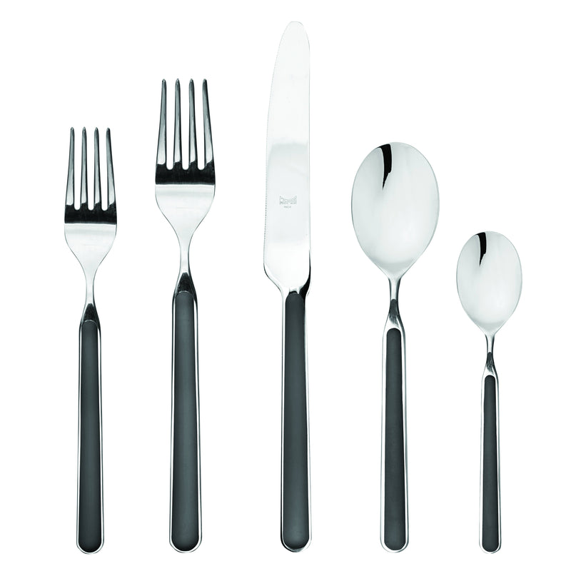 Mepra SPA - Place Set 5 Pcs Fantasia: New Coral, featuring black-handled silverware, crafted from high-quality 18/10 stainless steel, with durable, welded handles. Dishwasher safe.