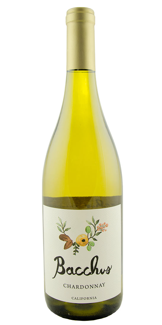 Bacchus | Chardonnay wine bottle with a detailed label, captured close-up, showcasing its elegant design.