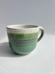RachaelPots | Jumbo Mug - Sage, hand-thrown with a unique thumb rest on the handle, perfect for holding 18 oz of coffee or soup.