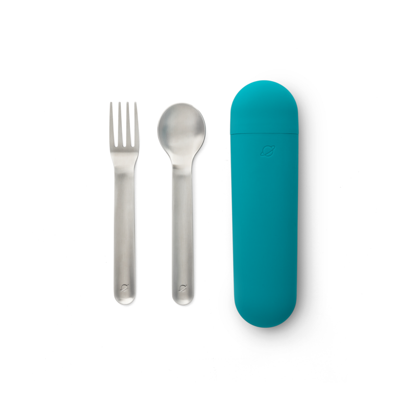 PlanetBox - Dig In Utensil Set: Ocean, featuring a child-sized fork, spoon, and silicone case for hygienic storage, perfect for meals on the go.