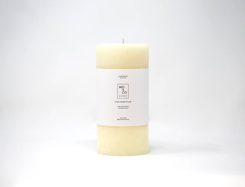 Mo&Co Home - 100% Beeswax Pillar Candle in Natural White, 3x6 Inch, featuring a white label with black text. Hand-poured beeswax for clean burning.