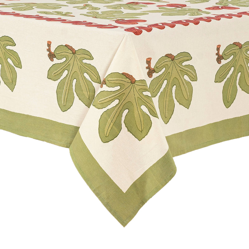 Couleur Nature - Fig Red & Green French Tablecloths: 71 x 71. Cream linen with green fig leaf motif, perfect for enhancing everyday dining or special occasions.