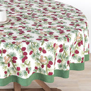 Couleur Nature - Squirrel and Pinecone Red & Brown Tablecloth: 71 x 71, featuring a woodland motif with squirrels and pinecones, topped with a white mug.