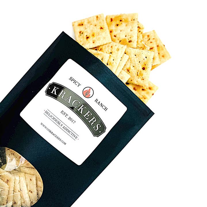Krackers | Spicy Ranch: A bag of spicy ranch-flavored crackers, showcasing a close-up of a cracker and crackers on a plate, perfect for adventurous snackers.
