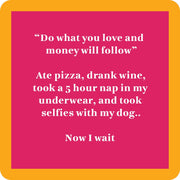 Drinks on Me coaster with humorous text, ideal for home bar decor or as a funny party gift, enhancing any kitchen or bar setting.