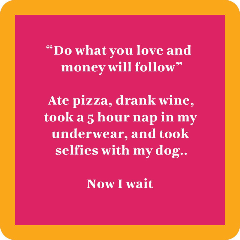 Drinks on Me coaster with humorous text, ideal for home bar decor or as a funny party gift, enhancing any kitchen or bar setting.