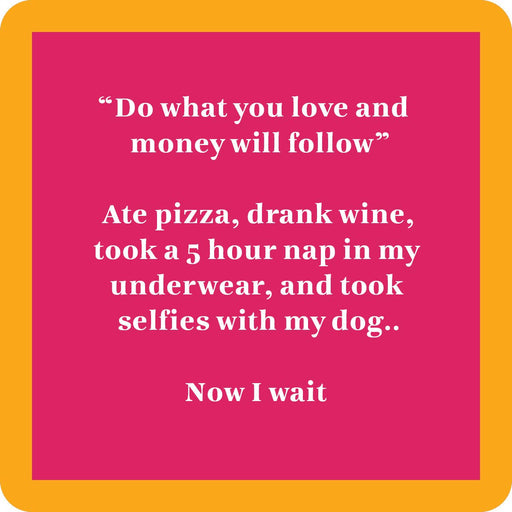 Drinks on Me coaster with humorous text, ideal for home bar decor or as a funny party gift, enhancing any kitchen or bar setting.