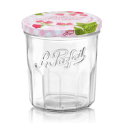 Le Parfait | Faceted French Jam Jar with octagonal clear glass and a pastel pink, strawberry-patterned lid, ideal for preserving and storage.