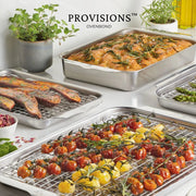 Hestan | OvenBond Tri-Ply Bakeware, Single Half Sheet Pan showcasing versatile use with roasted focaccia, tomatoes, seasoned meat, and asparagus in a bright kitchen scene.