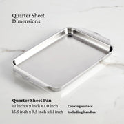 Hestan | Oven Bond Tri-Ply Bakeware, Quarter Sheet Pan with wide handles, brushed stainless steel, 15.5 x 9.5 overall size, ideal for even heat distribution.