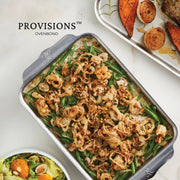 Hestan Oven Bond Tri-Ply Bakeware Quarter Sheet Pan featuring a green-bean casserole topped with crispy onions, showcasing its even heat distribution and sleek design.