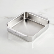 Hestan Provisions | Oven Bond Tri-Ply Bakeware, Square Baker; stainless-steel pan with shallow sides, integrated handles, designed for even heat distribution and exceptional cooking performance.