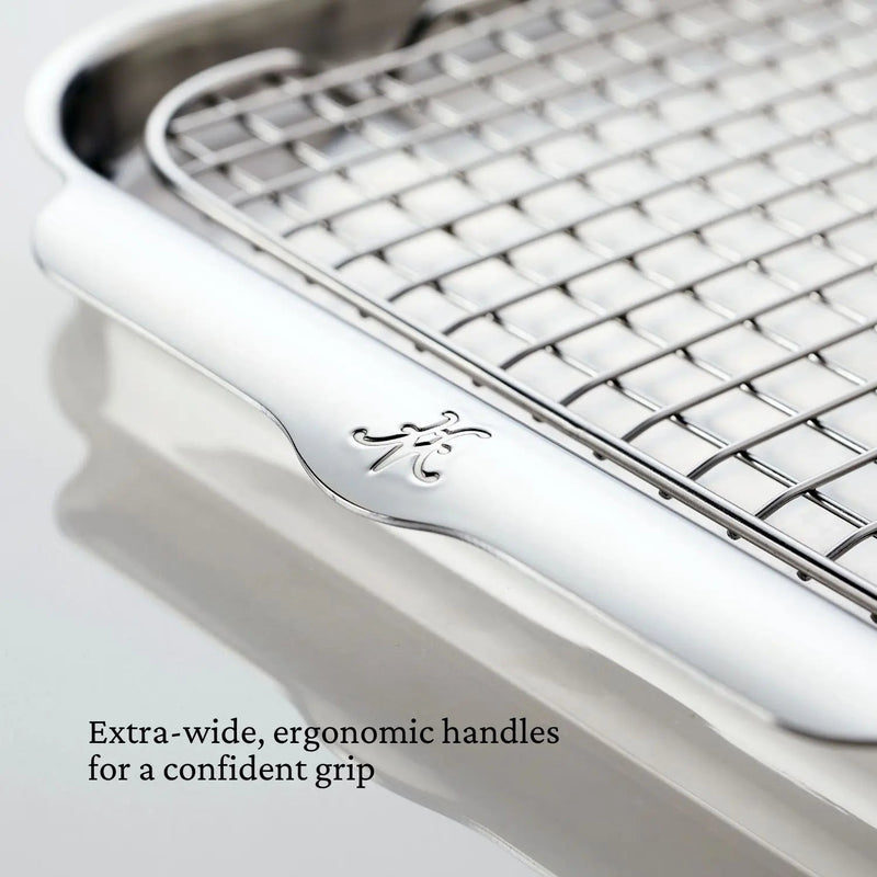Hestan | Oven Bond Tri-Ply 5 Piece Set: Polished stainless-steel oven tray with ergonomic handles and removable wire rack, ideal for even baking and roasting.