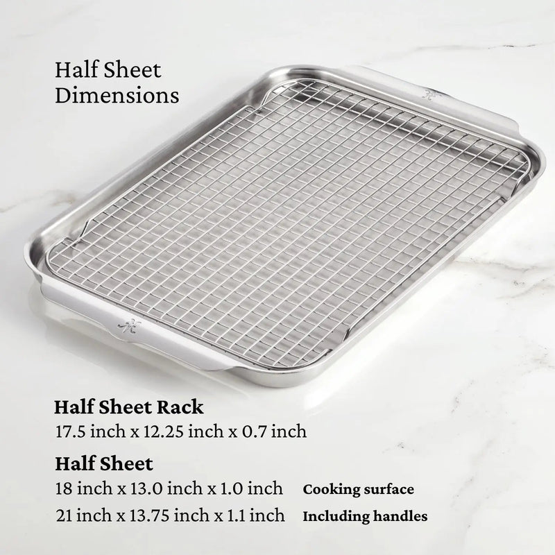 Hestan | Oven Bond Tri-Ply 5 Piece Set featuring a stainless-steel half-sheet baking pan with a removable wire rack, emphasizing durability and even heat distribution.