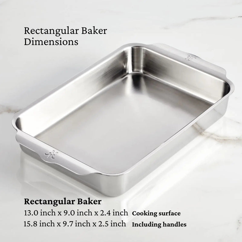 Hestan | Oven Bond Tri-Ply 5 Piece Set: Stainless-steel rectangular baking pan with wide handles, showcasing dimensions for precise fit, ideal for even baking and roasting.