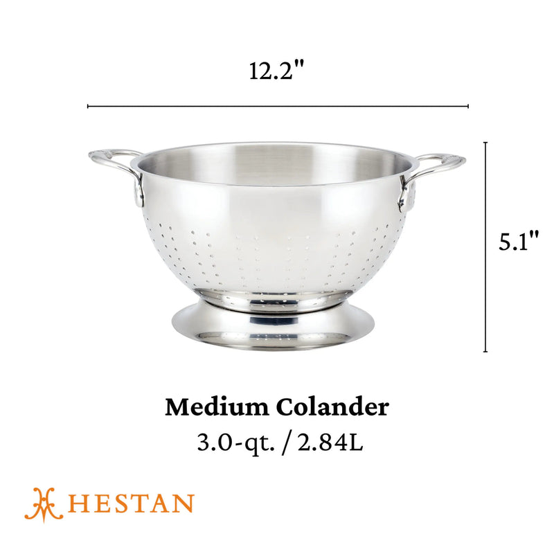 Hestan Provisions | Stainless Steel Colanders, 5 Quart: Stainless-steel colander with handles, flared base, 3-quart capacity, ideal for draining pasta and rinsing produce.