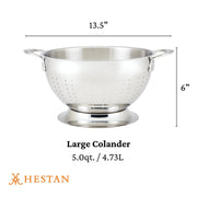 Hestan Provisions | Stainless Steel Colanders, 5 Quart: A durable, large colander with side handles, pedestal base, and superior drainage, ideal for efficient kitchen use.