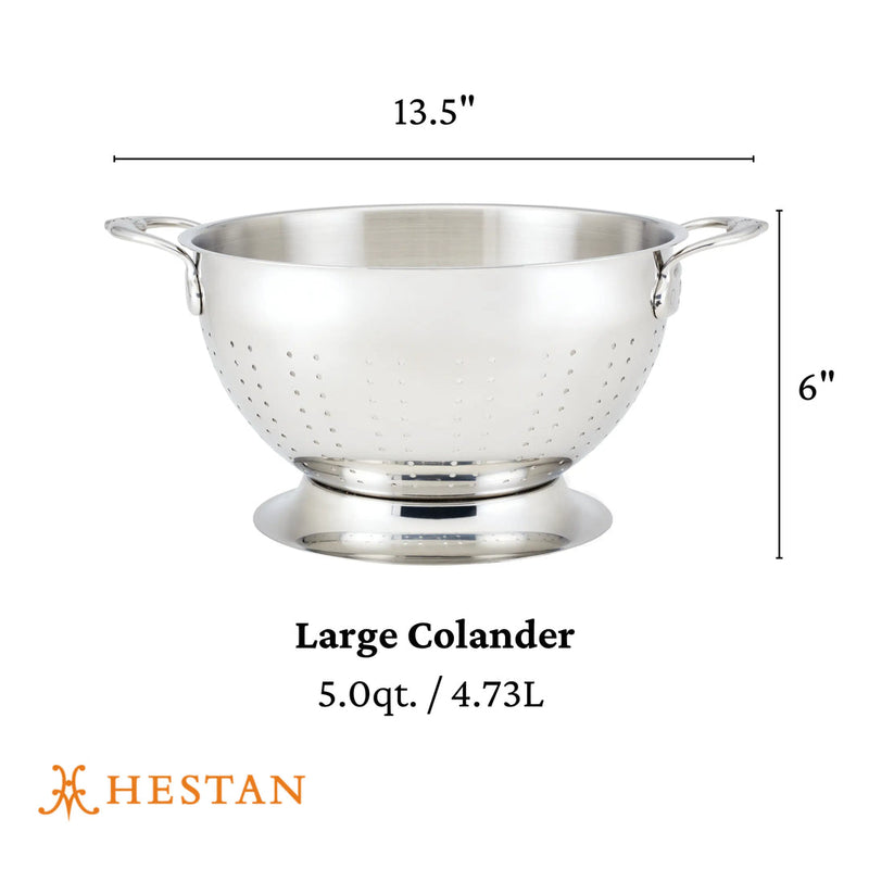 Hestan Provisions | Stainless Steel Colanders, 5 Quart: A durable, large colander with side handles, pedestal base, and superior drainage, ideal for efficient kitchen use.